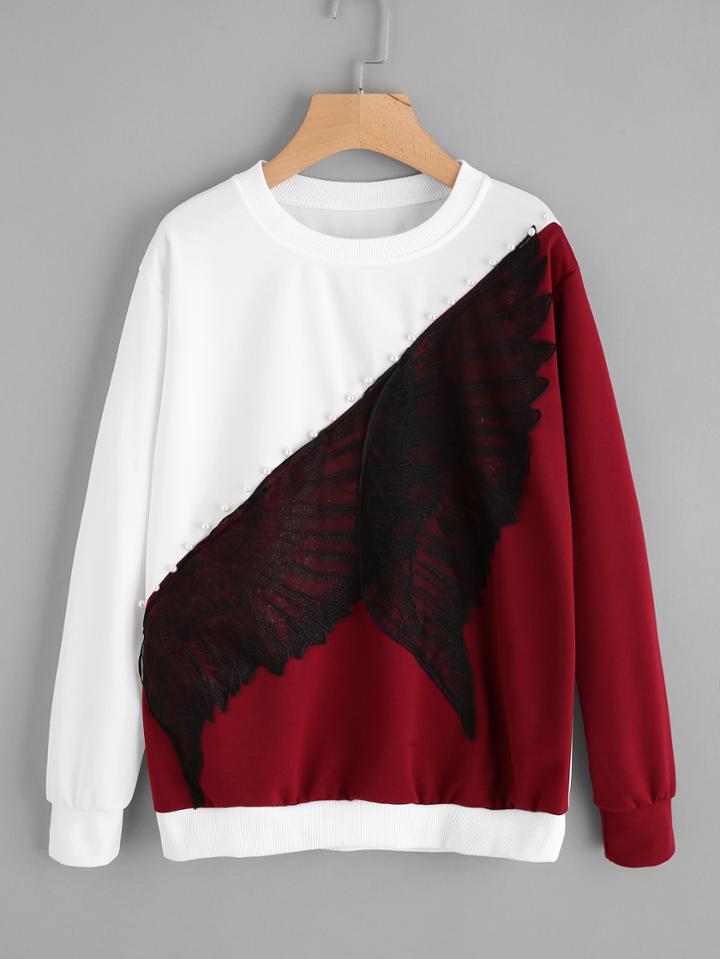 Shein Pearl Beaded Wing Applique Cut And Sew Sweatshirt
