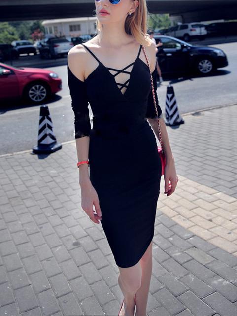 Shein Black Cold Shoulder Lattice Pencil Dress