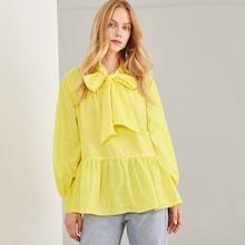 Shein Tie Neck Ruffle Hem Solid Top