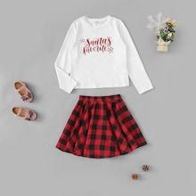 Shein Girls Christmas Letter Print Top & Plaid Skirt Set