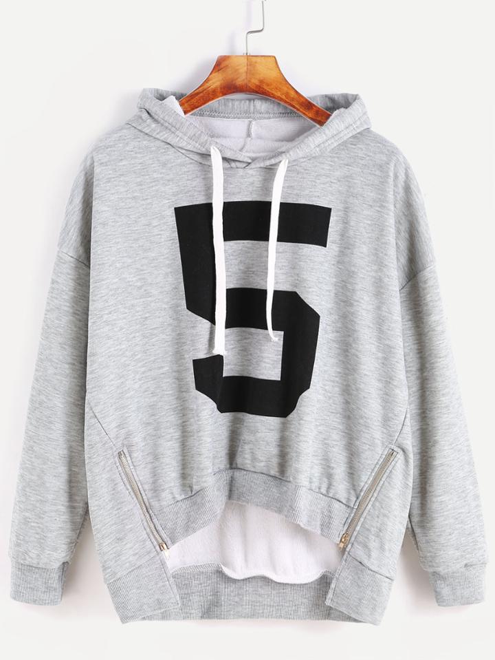 Shein Grey Hooded Number Print Zipper Side High Low Sweatshirt