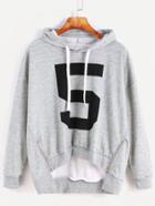 Shein Grey Hooded Number Print Zipper Side High Low Sweatshirt
