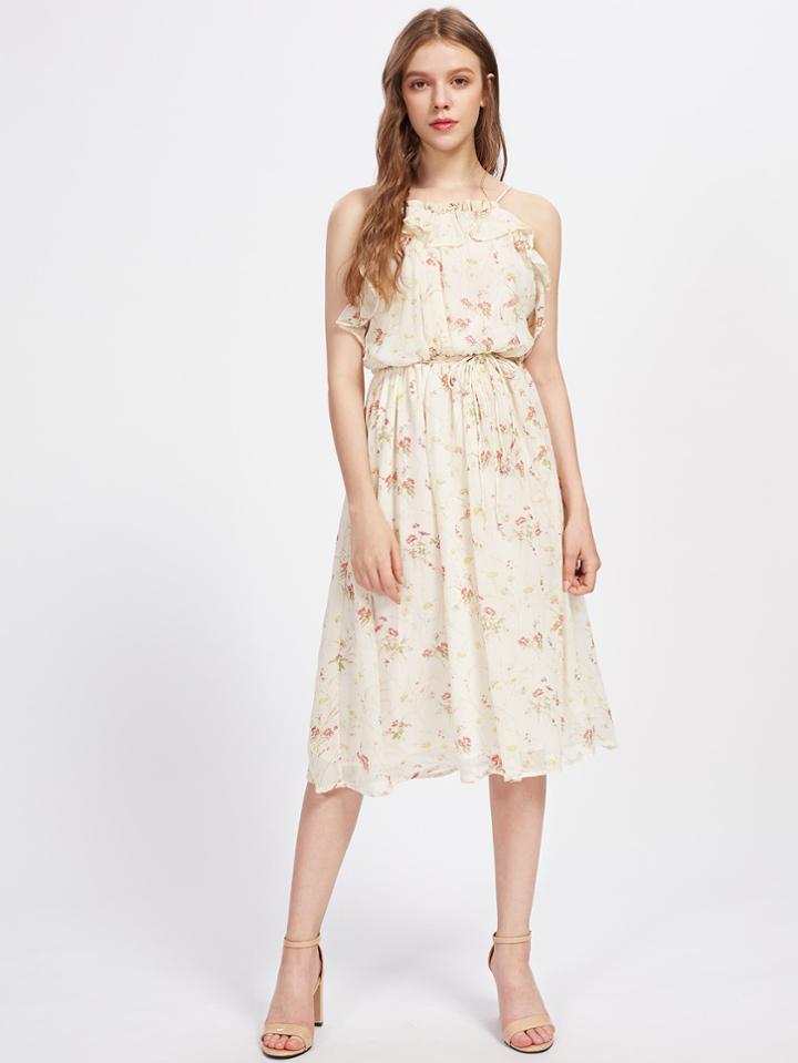 Shein Ruffle Trim Tie Waist Cami Dress