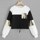 Shein Drawstring Detail Color-block Sweatshirt