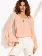 Shein Pink Crisscross V Neck Bell Sleeve Split Back Blouse