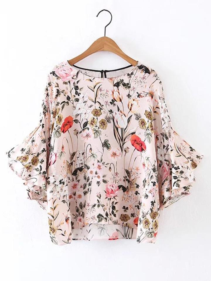 Shein Bell Ruffle Sleeve Keyhole Back Top