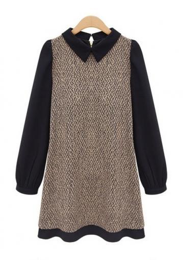Rosewe Black Splicing Long Sleeve Turndown Collar Mini Dress