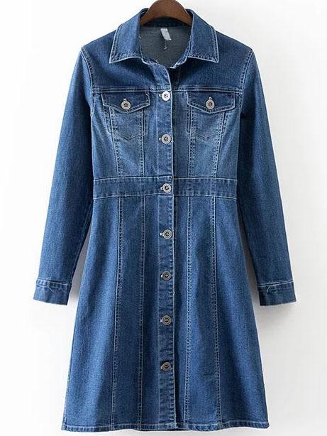 Shein Blue Button Up Denim Dress With Pockets