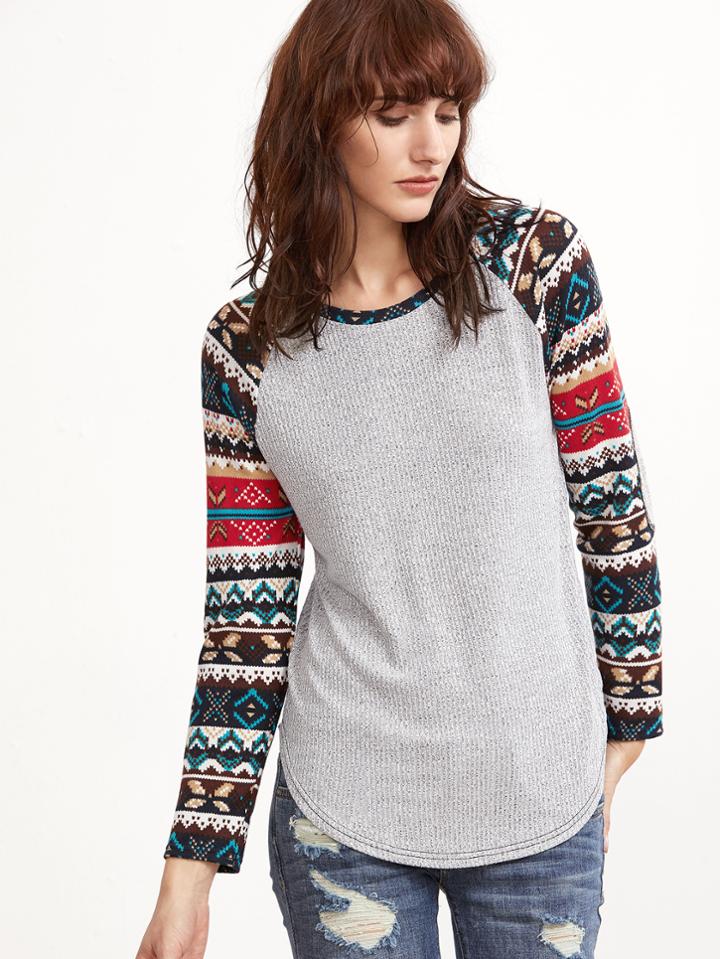 Shein Multicolor Tribal Pattern Raglan Sleeve T-shirt With Elbow Patch