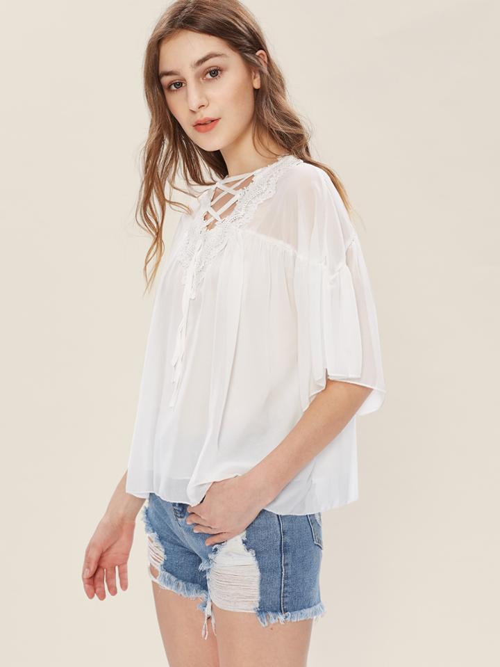 Shein Crochet Lace Trim Lace Up Chiffon Blouse