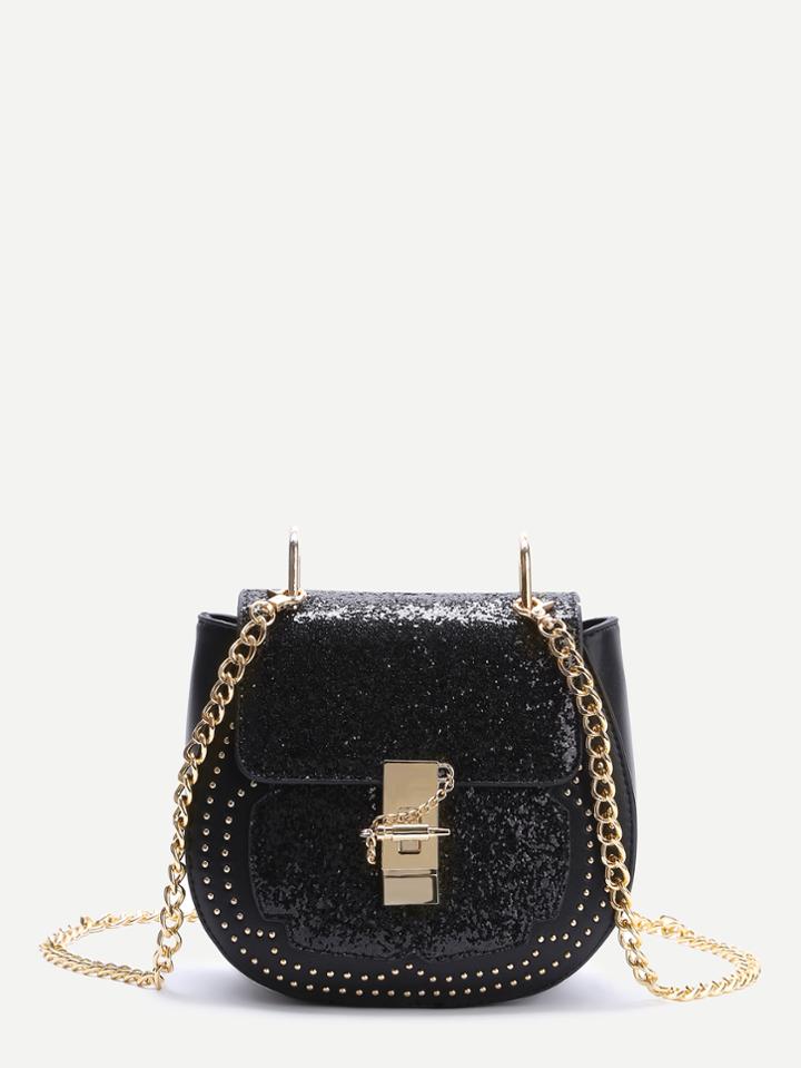 Shein Black Sequin Saddle Bag With Chain