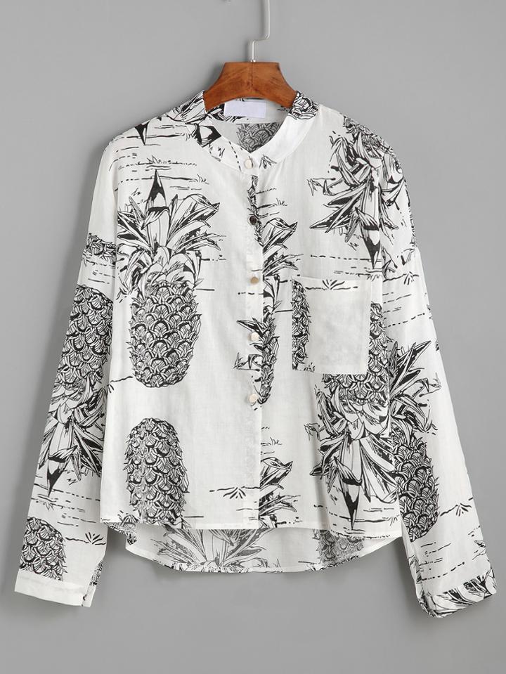 Shein Black And White Pineapple Print Blouse With Pocket