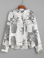 Shein Black And White Pineapple Print Blouse With Pocket