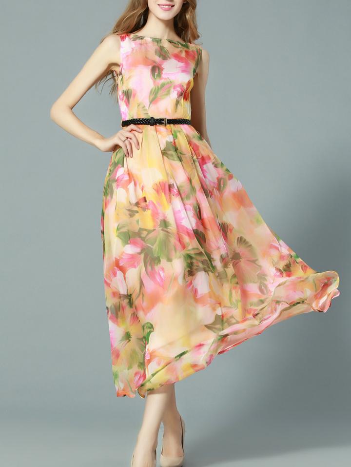 Shein Orange Boat Neck Sleeveless Floral Print Drawstring Maxi Dress