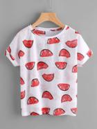 Shein Allover Watermelon Print Roll Cuff Paper Thin T-shirt