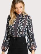 Shein Floral Print Long Sleeve Sheer Top Navy
