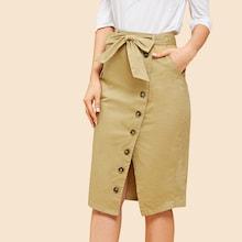 Shein Tie Waist Button Front Slit Hem Skirt