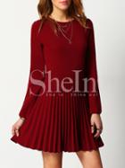 Shein Burgundy Crew Neck Pleated Dress