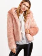 Shein Pink Faux Fur Hooded Hook And Bar Coat