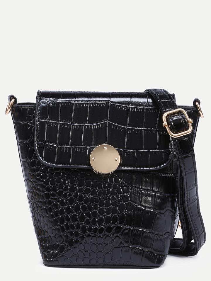 Shein Black Crocodile Embossed Flap Bucket Crossbody Bag