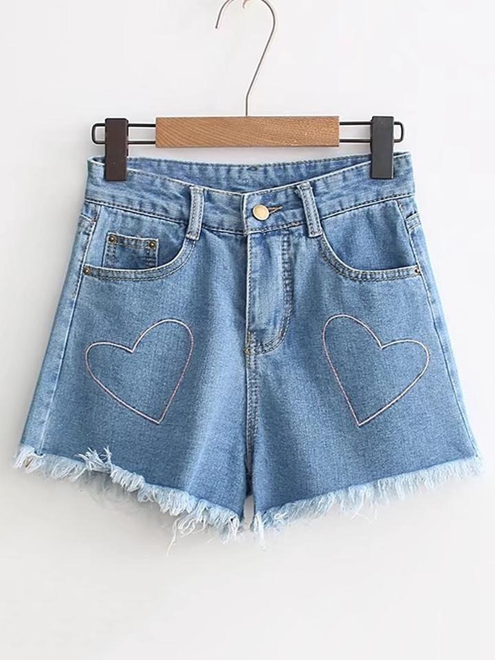 Shein Heart Embroidery Raw Hem Denim Shorts