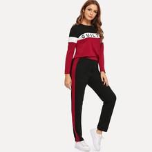Shein Letter Print Colorblock Top And Pants Set