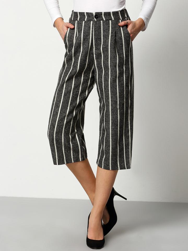 Shein Grey White Vertical Stripe Crop Pant