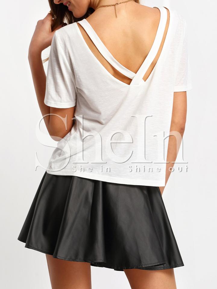 Shein Beige V-neck Cut Out Back Causual T-shirt