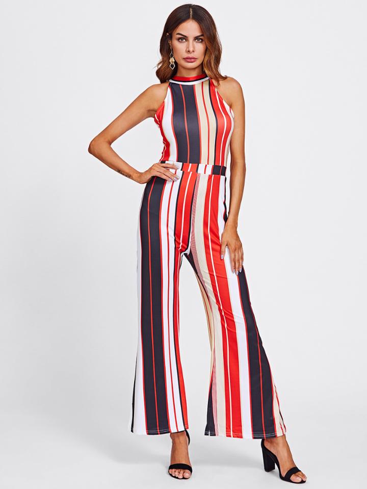 Shein Multi Stripe Tie Back Wide Leg Jumpsuit