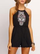 Shein Black Halter Embroidered Flounce Hem Romper With Drawstring