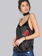 Shein Black Embroidered Rose Applique Cami Top With Neck Tie