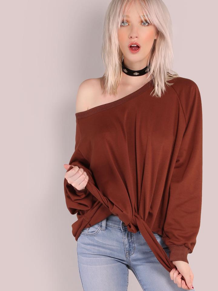 Shein Oversized Front Tie Pullover Sweatshirt Rust
