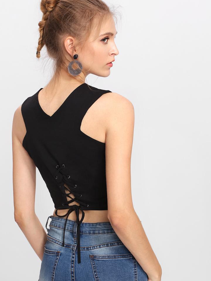 Shein Eyelet Lace Up Back Crop Tank Top