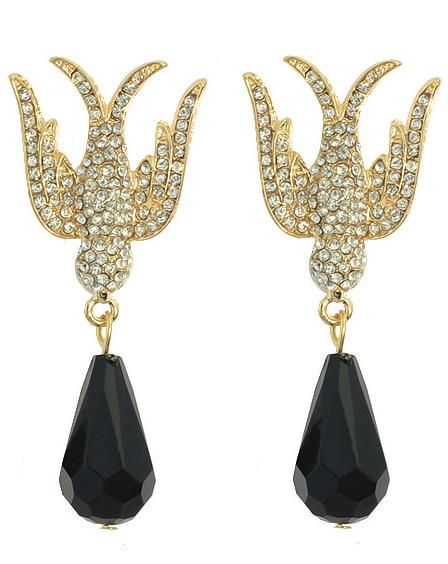Shein Black Drop Gemstone Gold Diamond Swallow Earrings