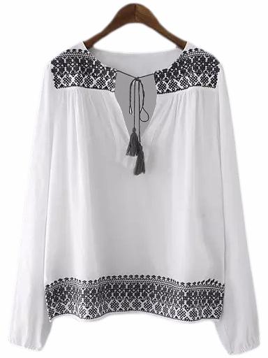 Shein White Tie Neck Tassel Embroidery Blouse