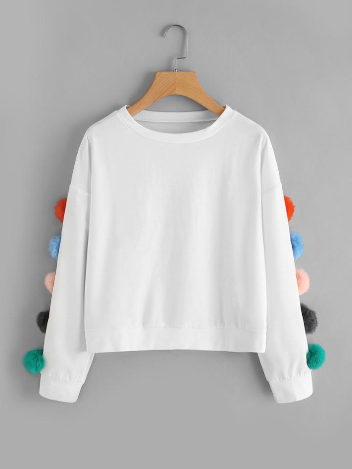 Shein Pom Pom Detail Drop Shoulder Pullover
