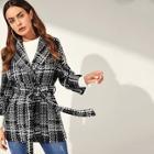 Shein Self Belted Plaid Tweed Coat