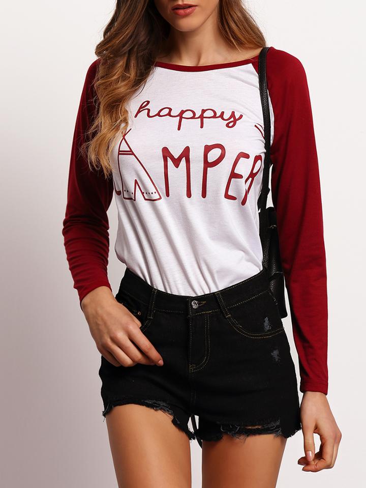 Shein Burgundy Contrast Raglan Sleeve Letters Print T-shirt