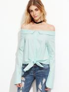 Shein Pale Blue Off The Shoulder Knotted Hem Top