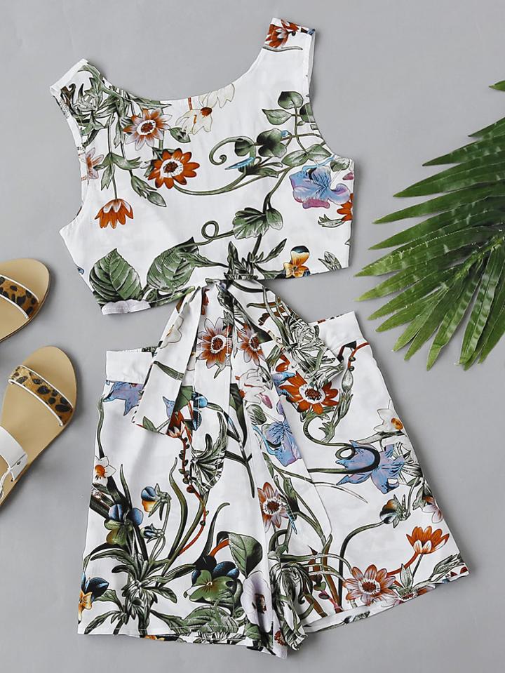 Shein Self Tie V Back Botanical Top And Shorts Co-ord