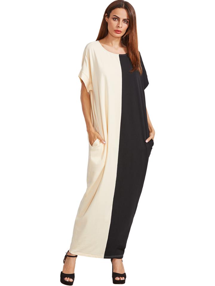 Shein Apricot Short Sleeve Pockets Maxi Dress