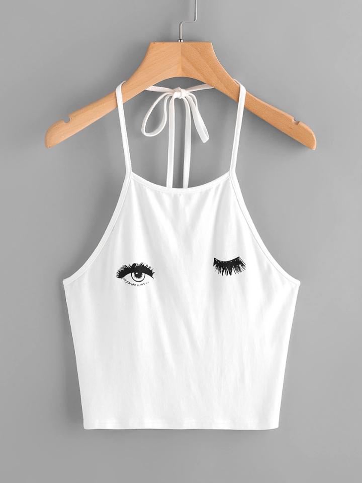Shein Wink Eyes Print Self Tie Halter Top