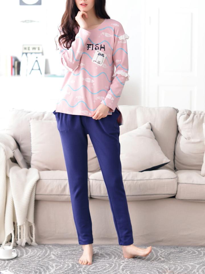 Shein Contrast Lace High Low Cartoon Tee & Pants Pj Set