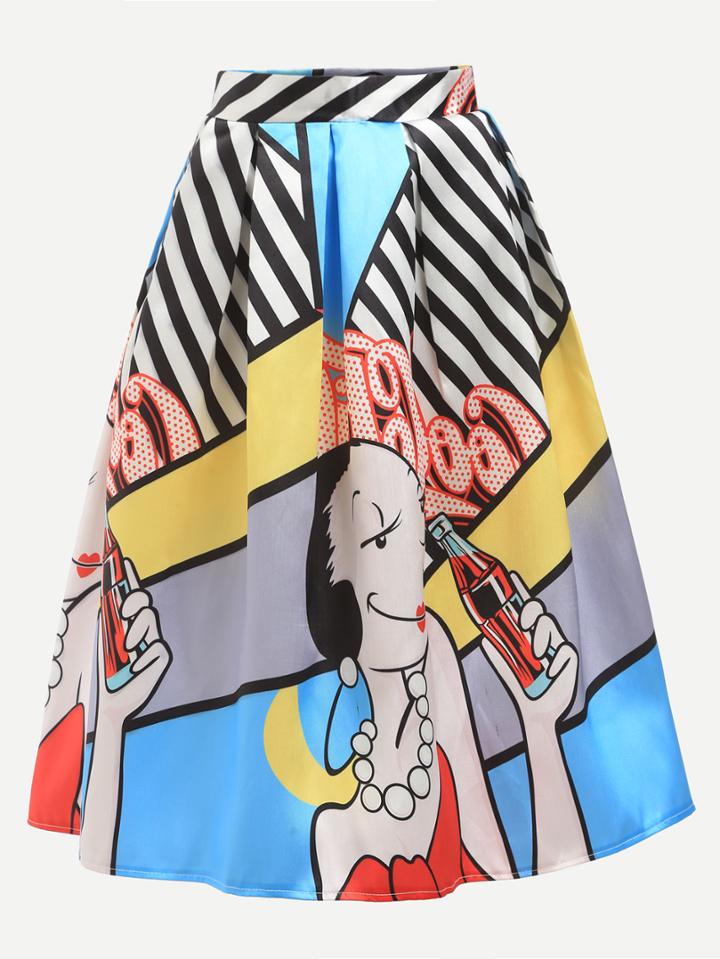 Shein Multicolor Cartoon Print Box Pleated Skirt