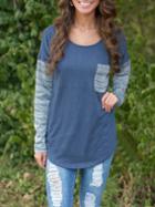 Shein Blue Round Neck Tribal Print Loose Knitwear