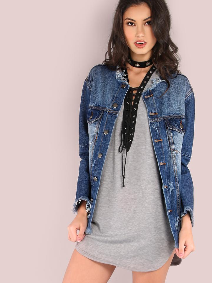 Shein Distressed Raw Cut Denim Jacket