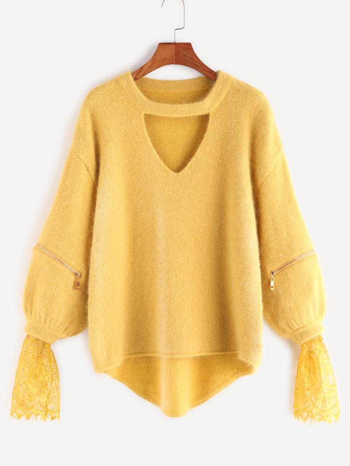 Shein Yellow Cut Out Contrast Lace Cuff Zipper Fuzzy Sweater