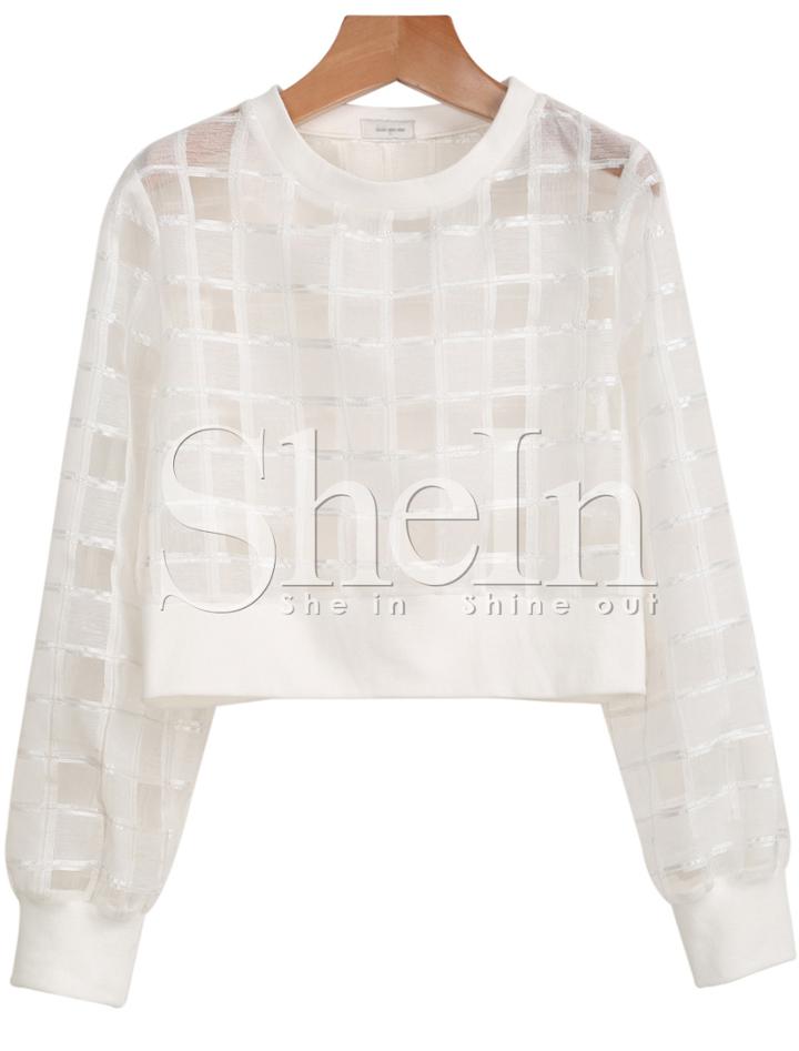 Shein White Long Sleeve Sheer Checker Plaid Crop Blouse