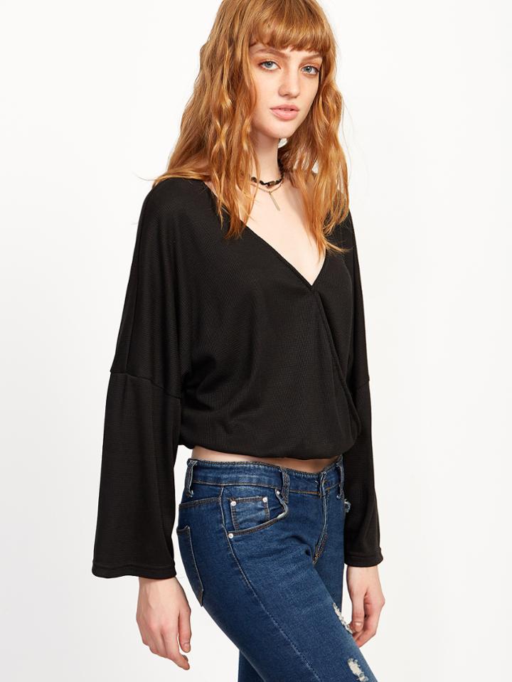 Shein Black Drop Shoulder Surplice Front Textured Top