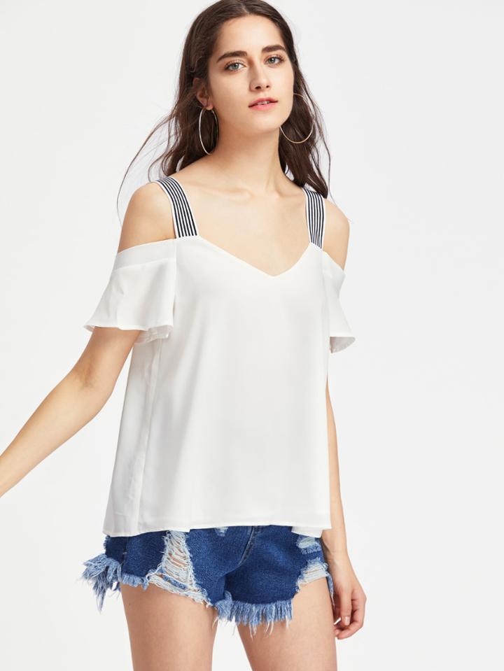 Shein Striped Thick Strap Ruffle Sleeve Top